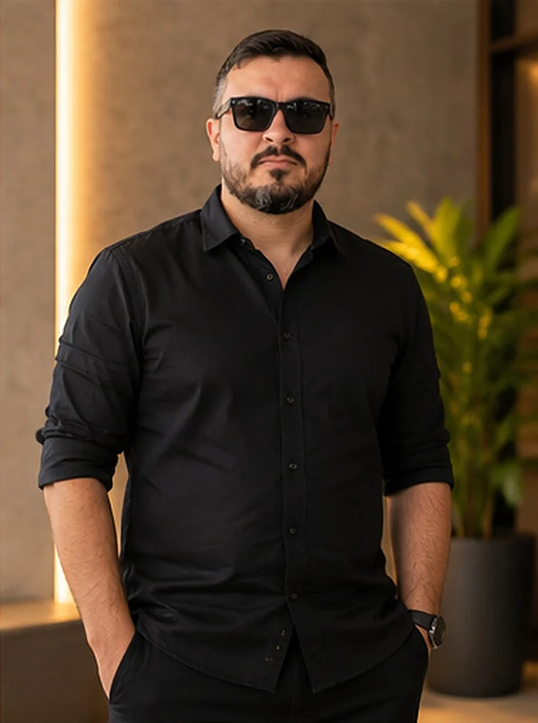 Marco Tulio, de blazer preto e camisa cinza, em fundo escuro